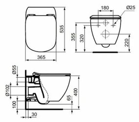 Set vas wc suspendat Ideal Standard Tesi AquaBlade cu capac soft close, rezervor incastrat si clapeta crom
