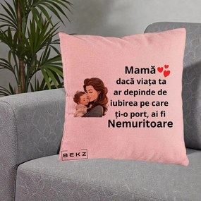 Cadou pentru Mama - Perna Personalizata Mama Nemuritoare cu Bebelus Lineart, 40x40 cm, Roz, Husa Detasabila, Perna Inclusa, BEKZ®