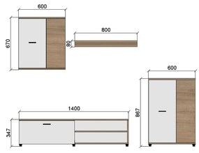 Living Madrid, culoare sonoma / alb, 200 x 150 x 37 cm