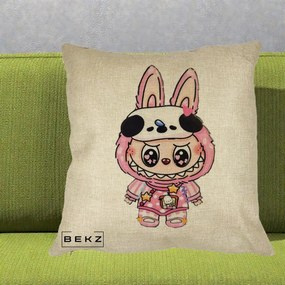 Perna Personalizata Labubu Panda-Bunny Roz, 40x40 cm, Crem, Husa Detasabila, Perna Inclusa, BEKZ®