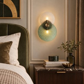 Lampă de perete Art Deco bronz închis cu sticlă verde și transparentă cu 2 lumini - Text