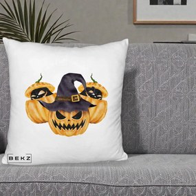Perna Decorativa Trio Dovleci Jack-o-Lantern cu Palarie Vrajitoare, 40x40 cm, Alb Pufos, Husa Detasabila, Perna Inclusa, BEKZ®