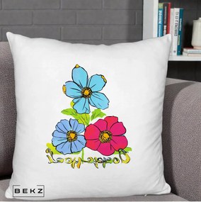 Perna Decorativa Trei Flori Grafice Pop Art, 40x40 cm, Alb Pufos, Husa Detasabila, Perna Inclusa, BEKZ®