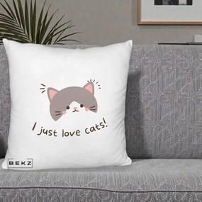 Perna Personalizata I Just Love Cats Pisica Kawaii, 40x40 cm, Alb Pufos, Husa Detasabila, Perna Inclusa, BEKZ®