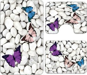 Set covoare baie antiderapante, 3 piese, model fluturi decorativi