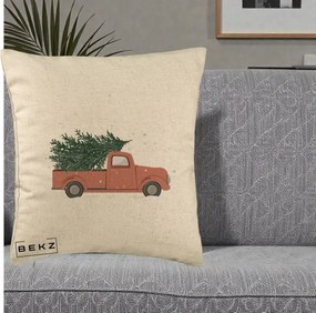 Perna Decorativa Camioneta Terracotta Brad de Craciun, 40x40 cm, Bej, Husa Detasabila, Perna Inclusa, BEKZ®