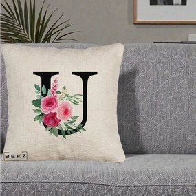 Cadou Personalizat - Perna Personalizata Monograma Florala Litera U, 40x40 cm, Bej Canapea, Husa Detasabila, Perna Inclusa, BEKZ®