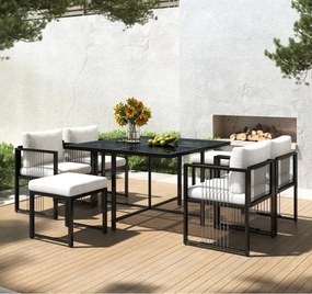 Set de grădină 7 piese pentru 6 persoane, masă din sticlă securizată, 4 scaune împletite și 2 taburete pentru picioare, Negru+Alb