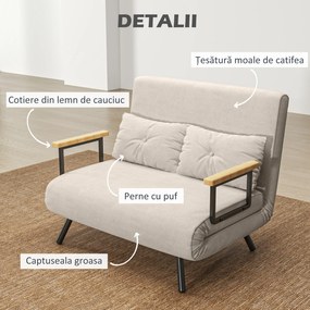 HOMCOM Canapea Pat de 2 Locuri cu Spătar Reglabil pe 5 Nivele și 2 Perne din Material Capitonat, 102x73x81 cm, Crem Alb | Aosom Romania