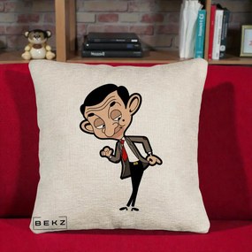 Perna Personalizata Mr. Bean Caricatura, 40x40 cm, Bej Canapea, Husa Detasabila, Perna Inclusa, BEKZ®