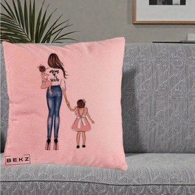 Cadou pentru Mama - Perna Personalizata Mom of Girls Mama cu Fetele, 40x40 cm, Roz, Husa Detasabila, Perna Inclusa, BEKZ®