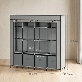 HOMCOM Dulap Portabil din Material Textil și Oțel, Garderobă cu 10 Rafturi, 4 Sertare și 2 Bare, 166x42,5x169,5 cm, Gri | Aosom Romania