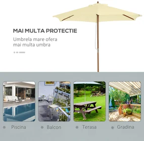Outsunny Umbrelă de Soare pentru Grădină cu Suport din Lemn, Design Elegant, 2.5x2.3m, Crem, Protecție UV | Aosom Romania