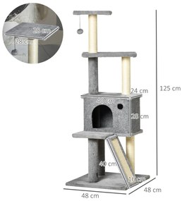 PawHut Copac pentru Pisici pe Mai Multe Niveluri cu Căsuță, Scară și Stâlpi din Sisal, Gri | Aosom Romania