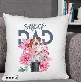 Cadou pentru Tata - Perna Personalizata Super Dad Tata cu Fetita si Flori, 40x40 cm, Alb Pufos, Husa Detasabila, Perna Inclusa, BEKZ®