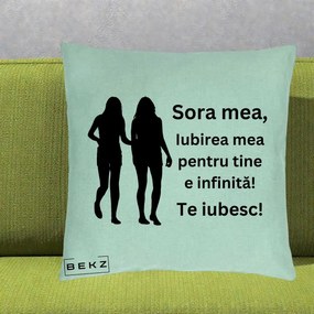 Cadou pentru Sora - Perna Personalizata Sora Mea Te Iubesc Siluete Negre Tinand Maini, 40x40 cm, Verde Menta, Husa Detasabila, Perna Inclusa, BEKZ®