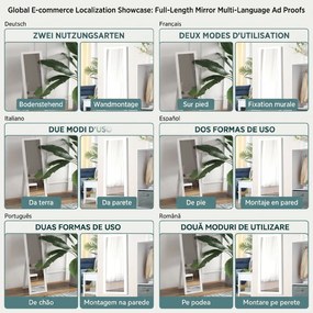 HOMCOM Oglindă cu Ramă din MDF, Picioare și Cârlige pentru Utilizare pe Podea sau pe Perete, 37x40x155 cm, Alb | Aosom Romania