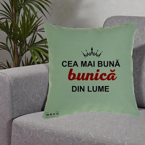 Cadou pentru Bunica - Perna Personalizata Cea Mai Buna Bunica Din Lume Coroana Neagra, 40x40 cm, Verde, Husa Detasabila, Perna Inclusa, BEKZ®