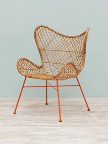 Scaun dining tip fotoliu împletit din ratan, bej, cu spătar în formă de fluture și picioare portocalii din metal, 89,5 x 67,5 x 66 cm, „Tangerine”