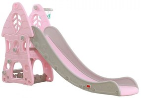 Tobogan Pentru Copii NOVOKIDS™ Jumbo Castle, Pentru Interior si Exterior, 185 cm panta alunecare, Maxim 50 Kg, Cos de baschet inclus, Castel, Roz
