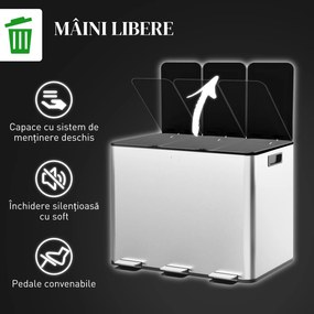 HOMCOM Coș de Gunoi cu 3 Compartimente de 20L, Cu Pedală, Capace cu Închidere Silențioasă, Oțel Inoxidabil și PP, 61,9x36,6x56,7 cm, Argintiu | Aosom Romania