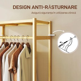 HOMCOM Cuier de Podea cu Bară și 4 Roți, Economisire Spațiu, Cuier din Bambus cu Rafturi Inferioare, pentru Dormitor, Hol, 70x35x175 cm, Lemn Natural | Aosom Romania