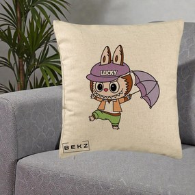 Perna Personalizata Labubu Lucky cu Umbrela, 40x40 cm, Bej, Husa Detasabila, Perna Inclusa, BEKZ®
