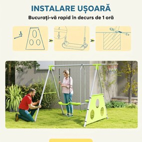 AIYAPLAY Leagăn de Grădină 3 în 1 pentru Copii 3-8 Ani cu Coș de Baschet și Poartă de Fotbal, 238x180x182 cm, Verde | Aosom Romania