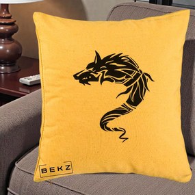Perna Decorativa Lup Tribal Alb-Negru, 40x40 cm, Galben, Husa Detasabila, Perna Inclusa, BEKZ®