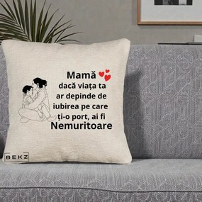 Cadou pentru Mama - Perna Personalizata Mama Nemuritoare Kawaii, 40x40 cm, Bej Canapea, Husa Detasabila, Perna Inclusa, BEKZ®