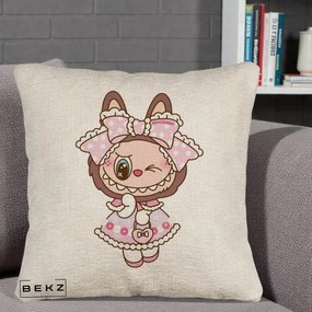 Perna Personalizata Labubu Lolita Roz cu Dantela, 40x40 cm, Bej Canapea, Husa Detasabila, Perna Inclusa, BEKZ®