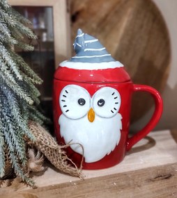 Cana cu capac Christmas Owl din ceramica 15 cm