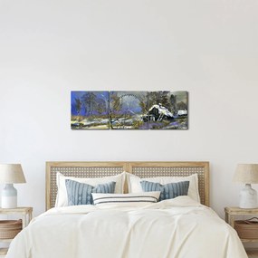 Tablou -Cabane într-un peisaj de iarnă, pictură în ulei (cu ceas) (90x30 cm)