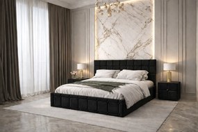 Pat tapitat Royal 140x200 cm, Negru + Saltea Superortopedica Gold, grosime 20 cm + Set 2 noptiere Royal, Negru