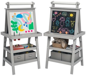 AIYAPLAY Chevalet pentru copii 3 în 1 cu tablou alb magnetic, tablou pentru cretă, roleu de hârtie, 2 coșuri, 3-6 ani, gri | Aosom Romania