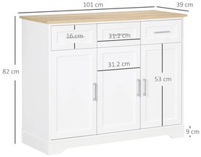 HOMCOM Bufet Modern din MDF și PAL cu Raft Reglabil, Dulap Multifuncțional cu 3 Sertare și 3 Uși, 101x39x82 cm, Alb | Aosom Romania