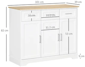 HOMCOM Bufet Modern din MDF și PAL cu Raft Reglabil, Dulap Multifuncțional cu 3 Sertare și 3 Uși, 101x39x82 cm, Alb | Aosom Romania