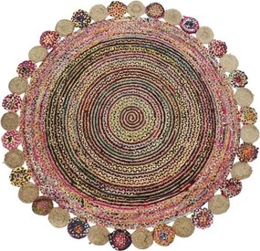 Covor rotund din bumbac și iută împletit manual, multicolor, Ø 200 cm, 2100 GSM, „Cotton Jute Carpet Multicolored"