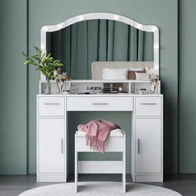 Masuta machiaj cu Oglinda LED si 3 Sertare pentru Cosmetice, Set Masa toaleta 110 cm, Alb, masuta cosmetica, vanity - SEA809