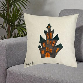 Perna Decorativa Halloween Casa Bantuita Minimalista, 40x40 cm, Ecru, Husa Detasabila, Perna Inclusa, BEKZ®