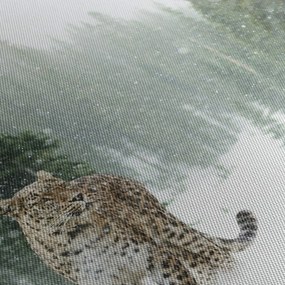 Tablou cu leopard în zăpadă (cu ceas) (90x30 cm)