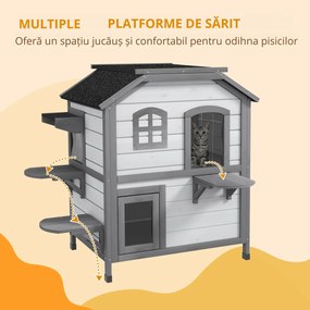 PawHut Casă pisici, Căsuță pisici, Peșteră pisici, 2 Etaje, rezistentă la intemperii, 78,1 cm x 55,2 cm x 90,8 cm, Alb + Gri | Aosom Romania