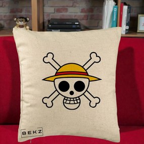 Perna Personalizata One Piece Jolly Roger Straw Hat Pirates, 40x40 cm, Bej, Husa Detasabila, Perna Inclusa, BEKZ®