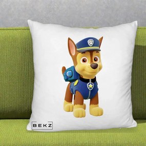 Perna Personalizata Chase PAW Patrol Albastru, 40x40 cm, Alb Pufos, Husa Detasabila, Perna Inclusa, BEKZ®