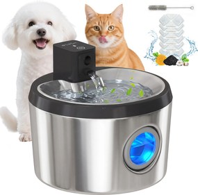 PawHut Fântână pentru pisici 4 L fără fir din oțel inoxidabil cu senzor de mișcare, 12 filtre, sistem dublu de filtrare, LED, Argintiu | Aosom Romania