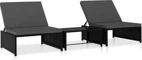 vidaXL Scaune de grădină rabatabile, 2 buc., cu masă, negru, poliratan