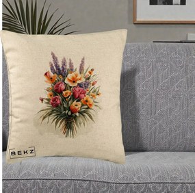 Perna Decorativa Buchet Mixt Acuarela Lavanda-Trandafiri, 40x40 cm, Bej, Husa Detasabila, Perna Inclusa, BEKZ®