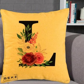 Cadou Personalizat - Perna Personalizata Monograma Florala Litera L, 40x40 cm, Galben, Husa Detasabila, Perna Inclusa, BEKZ®