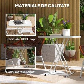 Outsunny Măsuță de Cafea Pliabilă, Reglabilă pe Înălțime și Portabilă, cu Blat HDPE și Cadru Metalic, 76x50x74 cm, Alb | Aosom Romania