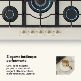 Klarstein Victoria 5, plită pe gaz, 5 arzătoare, arzătoare Sabaf, suprafață din sticlă ceramică, aspect retro